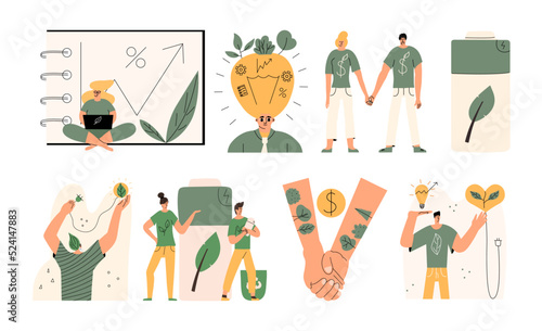 A large set of concepts with ESG characters. Environmental, social and corporate governance illustration in flat style