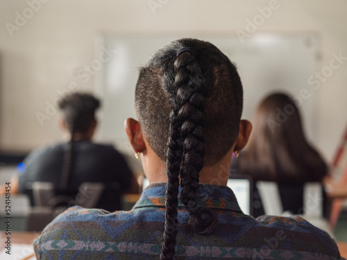 Over shoulder image of a native boy with braids in class