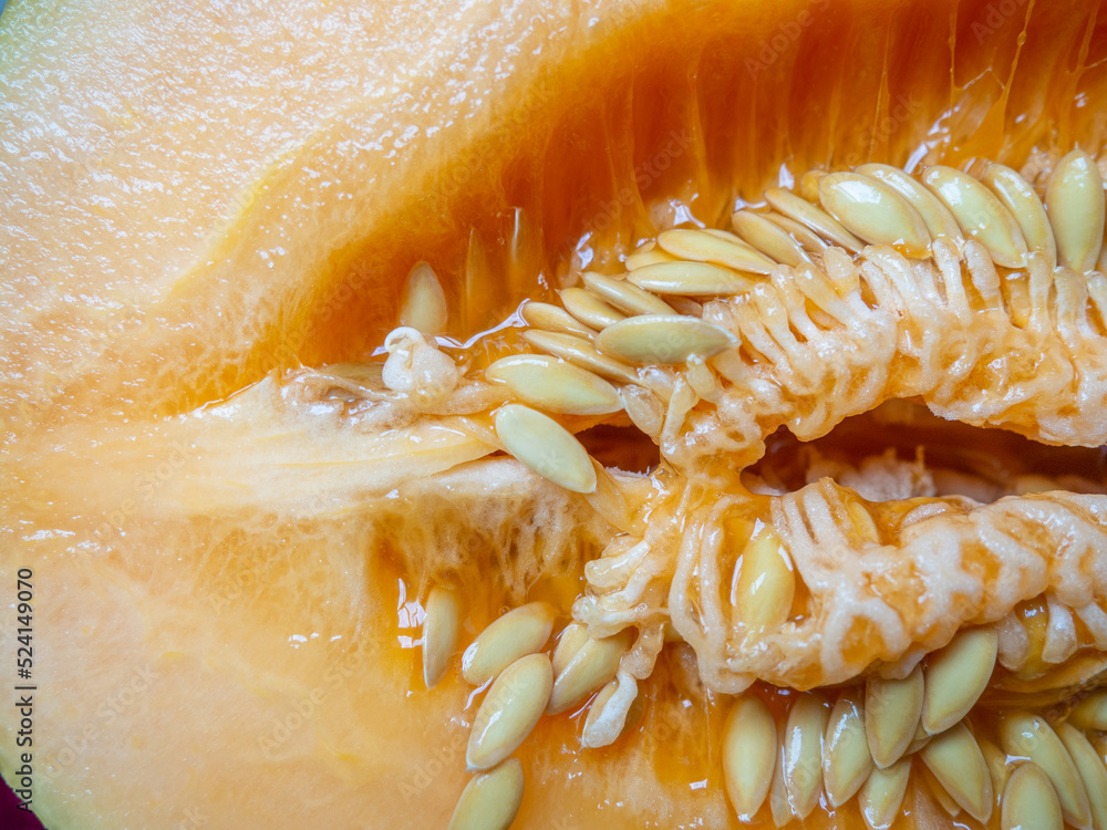 Cut melon closeup. Pulp of melon fruit. A plant of the Cucurbitaceae