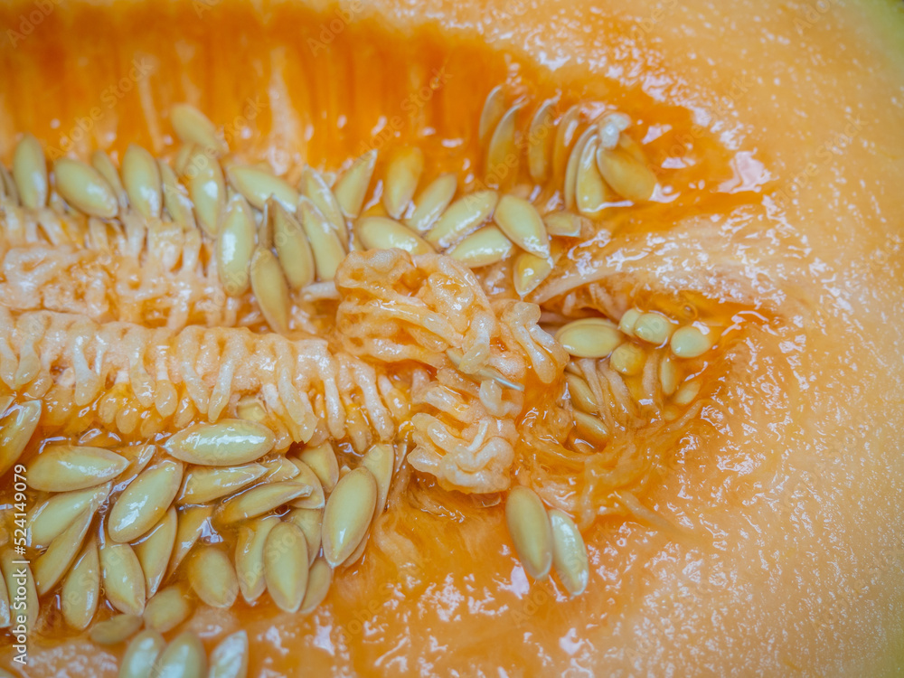 Cut melon closeup. Pulp of melon fruit. A plant of the Cucurbitaceae