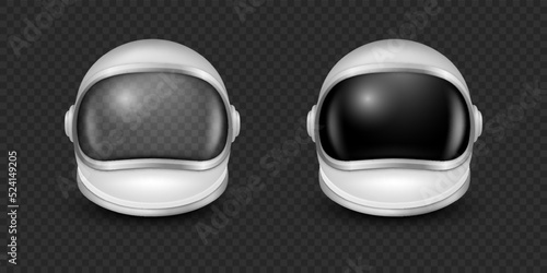 Vector 3d Realistic Astronaut Helmets, Cosmonaut Mask with Transparent Glass Visor for Space Exploration, Icon Set Isolated. White Suit Part for Spaceman Head Protection. Space Helmet Design Template