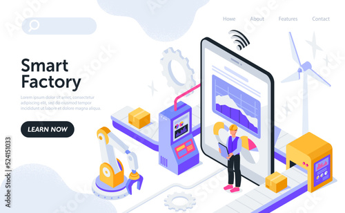 Smart Factory concept. Modern wireless technologies for manufacturing and industry. Innovative devices for workflow control. Automation of production processes. Cartoon isometric vector illustration