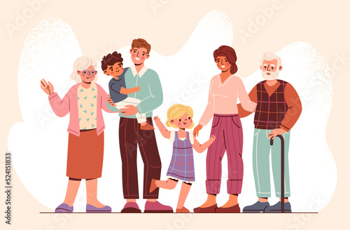 Three Generations Family concept. Happy grandparents, mother and father and daughter and son. Couples with their children. Elderly, adult and young men and women. Cartoon flat vector illustration