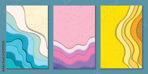 Abstract colorful and beach summer background with paper waves and seacoast for banner, invitation, poster or web site design. Paper cut style, 3d effect imitation, space for text, vector illustration