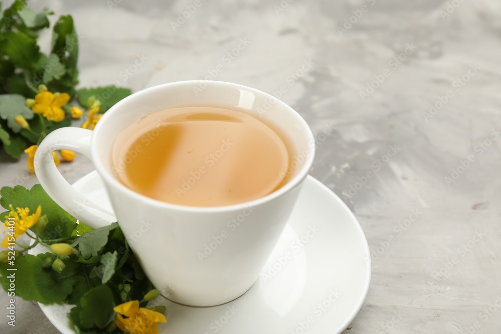 Cup of aromatic celandine tea and flowers on grey table, closeup Cup of aromatic celandine tea and flowers on grey table, closeup