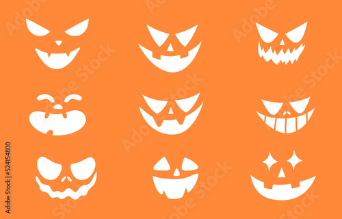 Collection of scary Halloween spooky pumpkin faces. Evil pumpkin eyes and mouths. Horror stencils of creepy pumpkin monsters. Spooky ghost emoticons isolated illustration set