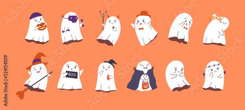 Set of cute childish ghosts. Funny spooky characters for kids. Different Helloween spooks in witch  vampire  cat  devil costumes. Isolated flat cartoon vector