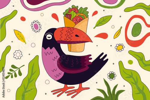 Mexican fast food burrito drawing poster design for mexico cuisine restaurant menu or eatery advertising. In bird toucan beak traditional Latin American dish wrapped in tortilla filling. Vector eps