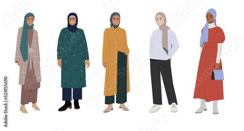 Set of stylish Muslim women. Arab girls in traditional casual clothes and headwear. Female characters in fashionable outfits and hijabs. Cartoon flat vector collection isolated on white background