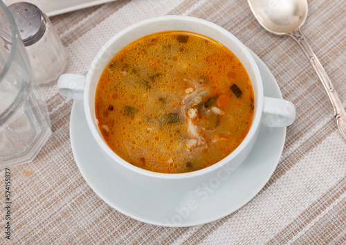 Traditional Russian soup rassolnik with beef meat. Russian cuisine