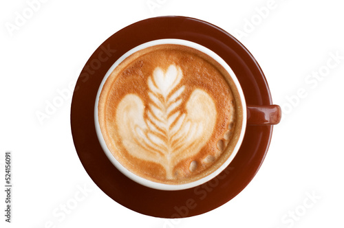 PNG. Coffee in brown cup and leaf, heart pattern. photo
