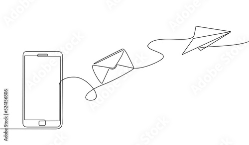 Continuous one line drawing of a chat messages on smartphone. Smartphone device concept sending instant message with flying envelope and paper airplane in doodle style. vector illustration
