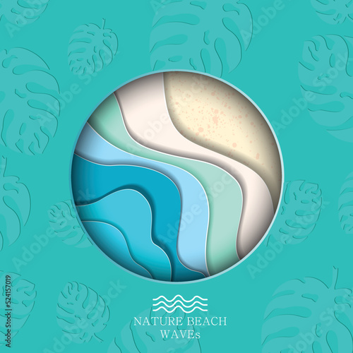 Paper cut out round frame with abstract nature sea summer background with curve paper wave and seacoast for banner, poster or web site design. Paper cut style, sea waves text, vector illustration
