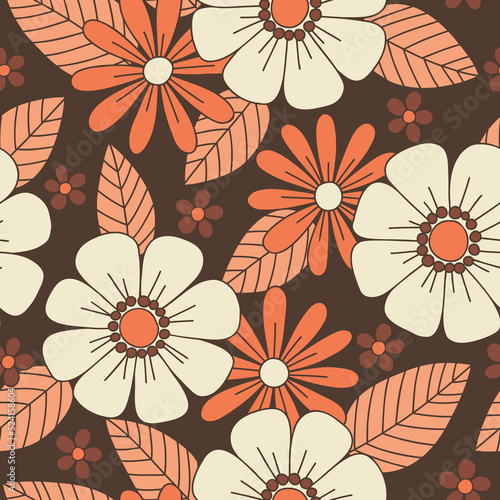 Monochrome Orange and Brown Large Scale Hand-Drawn Floral Vector Seamless Pattern. Retro 70s Style Nostalgic Fashion Textile Bold Background. Summer Resort Print. Daisies. Flower Power