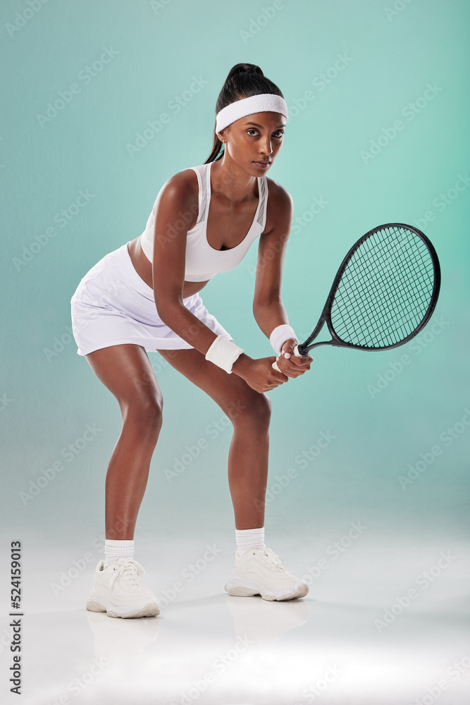 Sports motivation, training and young woman with focus ready to start with tennis. Portrait of an Indian fitness sport coach ready to play and exercise feeling the competition energy and power