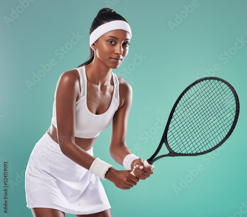 Sports woman, tennis and portrait of athlete playing a game in the court. Active, fit and motivated person wearing professional sportswear. Female tournament or championship for winning competitors.