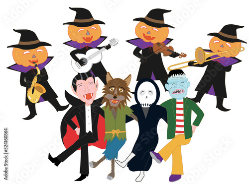 ハロウィンを祝って踊ったり、演奏したりしている魔女やジャックオーランタンたち。