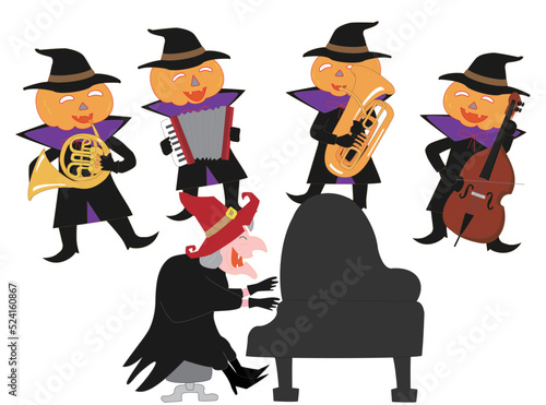 ハロウィンを祝って踊ったり、演奏したりしている魔女やジャックオーランタンたち。