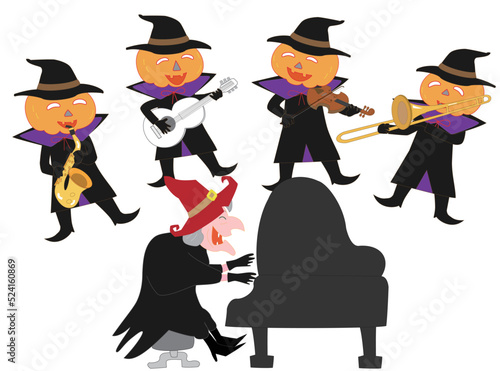 ハロウィンを祝って演奏する魔女とジャックオーランタン。