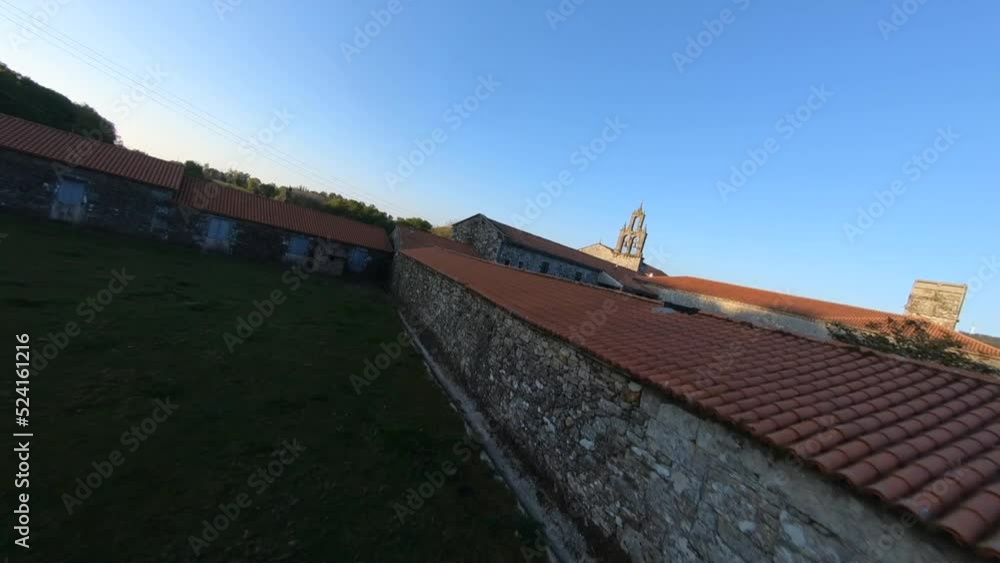 FPV Drone POV Flying at Monastery de Aciveiro in Galicia, Spain. FPV Drone POV Flying at Monastery de Aciveiro in Galicia, Spain.