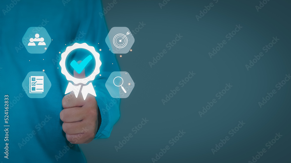 Businessman showing thumbs up for top service Quality Assurance, Assurance, Standard, ISO Certification and Audit, Standard Concept, Satisfaction, Service Experience Businessman showing thumbs up for top service Quality Assurance, Assurance, Standard, ISO Certification and Audit, Standard Concept, Satisfaction, Service Experience