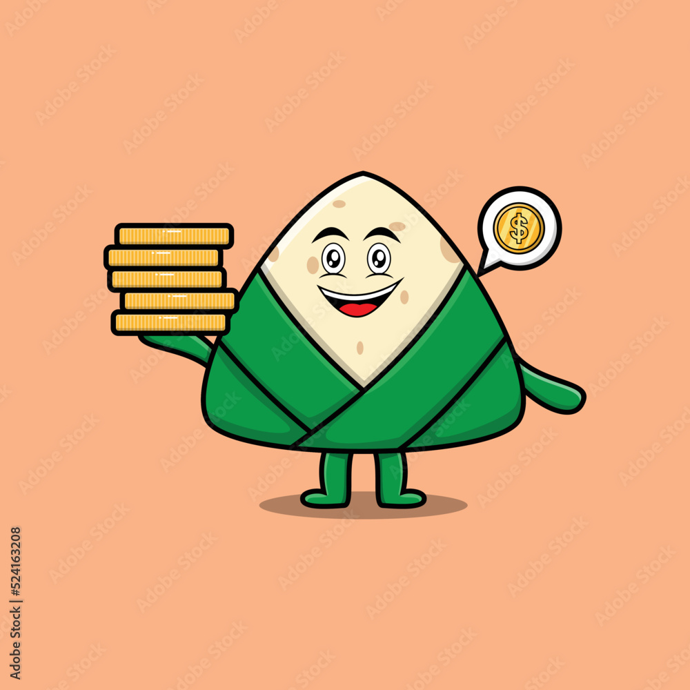 Cute cartoon chinese rice dumpling character holding in stacked gold coin in dragon boat festival