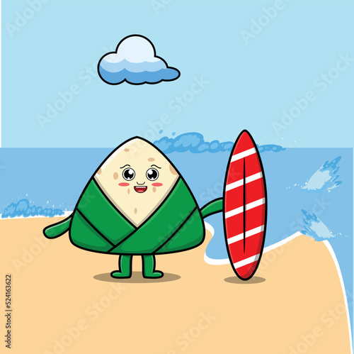 Cute cartoon chinese rice dumpling character playing surfing with surfing board in flat cartoon style illustration © Lycreative.id