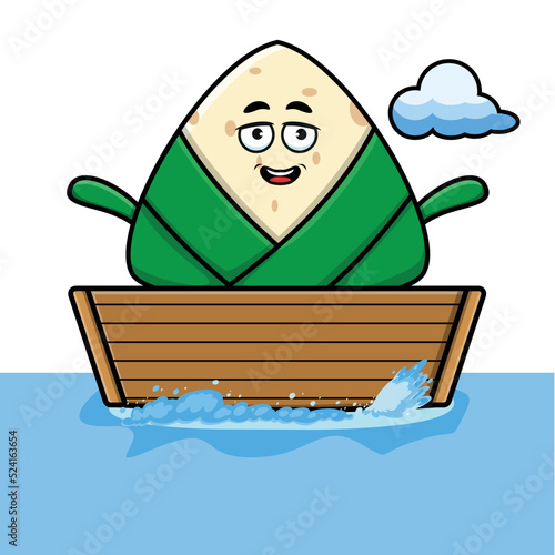 cute cartoon chinese rice dumpling get on boat in vector character illustration