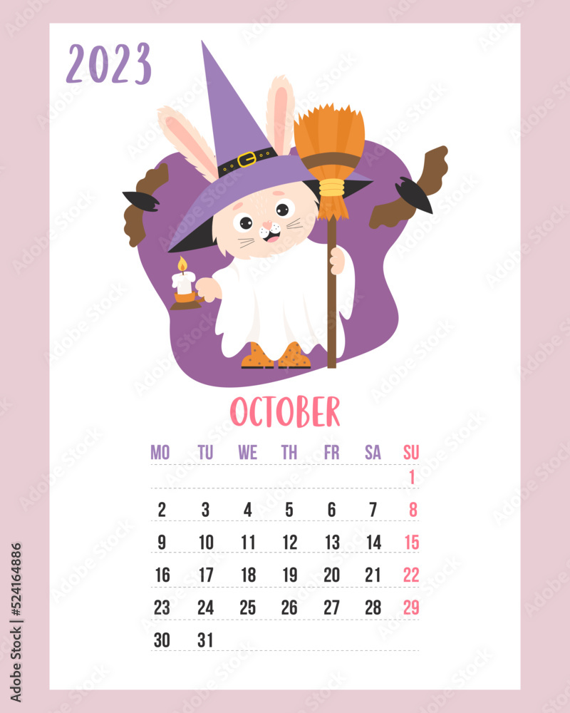 Obraz premium October 2023 calendar. Cute bunny Halloween ghost in witch hat, with broom, candle and bats. Vector illustration. Vertical Template. Week from Monday In English. rabbit is symbol 2023 year