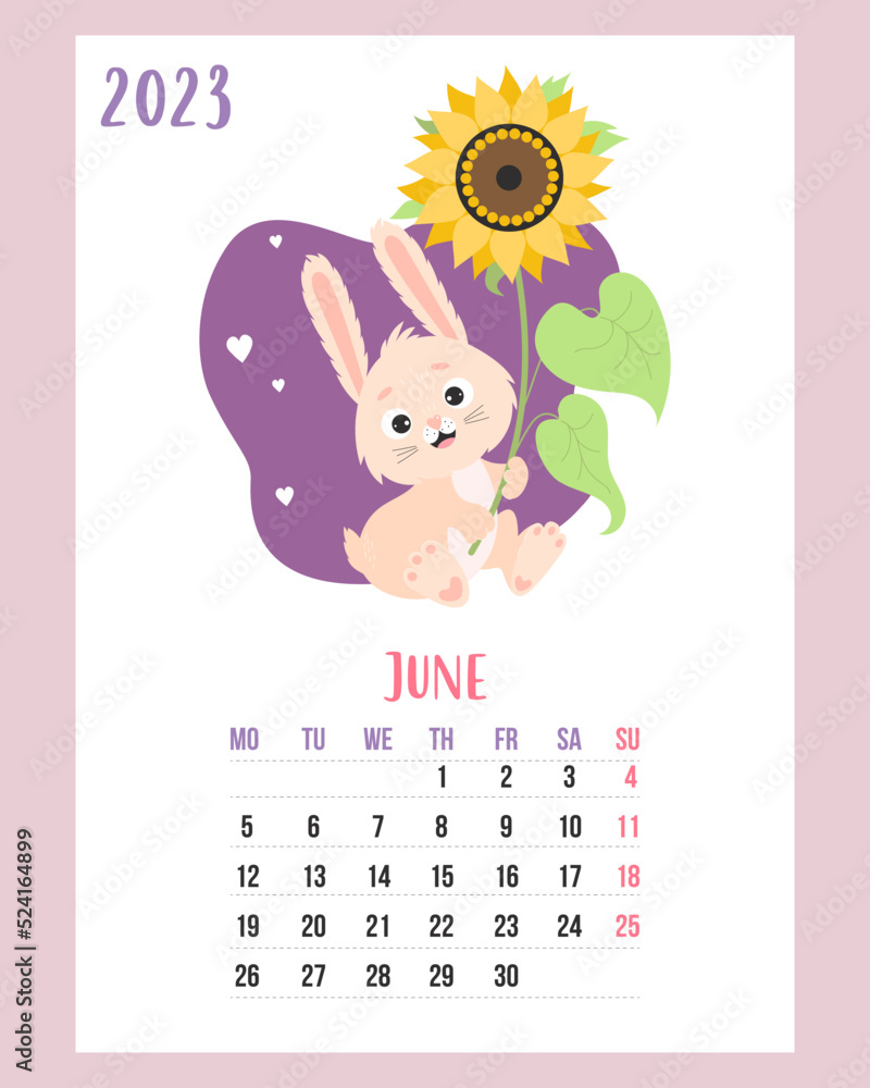Obraz premium June 2023 calendar. Cute bunny with large yellow flower sunflower. Vector illustration. Vertical Template. Week from Monday In English. A4. rabbit is symbol 2023 year to Chinese zodiac
