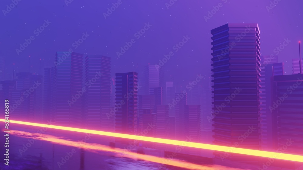 3d render of Cyber night mega city landscape scene. Light glowing and reflection on dark tech scene. Night life. Technology network for 5g. Beyond futuristic of Sci-Fi Capital city and building scene.