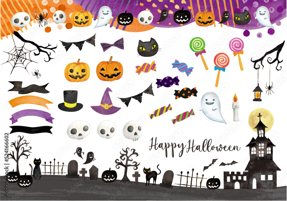 Fototapeta premium 水彩で描いたかわいい手書きのハロウィンのフレームセット