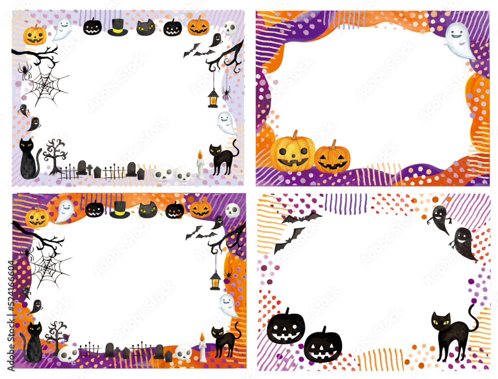 Fototapeta premium 水彩で描いたかわいい手書きのハロウィンのフレームセット