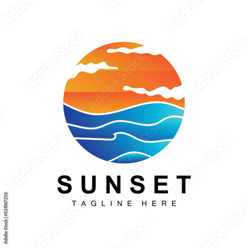 Sunset Beach Logo Design, Seascape Illustration, Red Day Vacation Spot Vector
