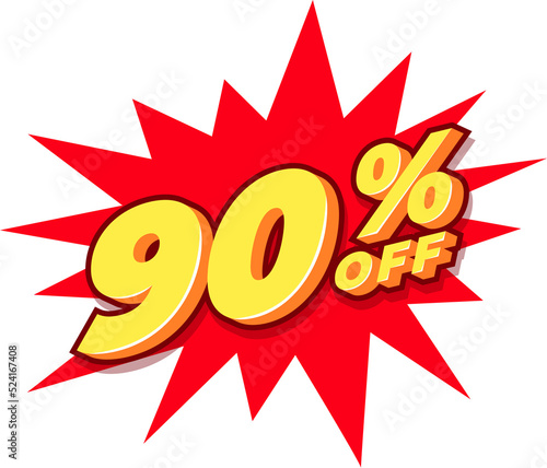 90% Sale and discount label. Price off tag icon flat design.