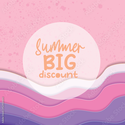 Summer sale banner with paper cut frame on pink sand and beach summer background with curve paper waves and seacoast for banner, flyer, poster or web site design. Paper cut style, vector illustration