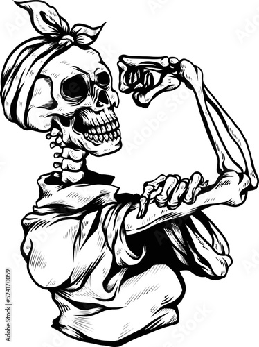 Skeleton girl is posting a you can do it black and white vectors