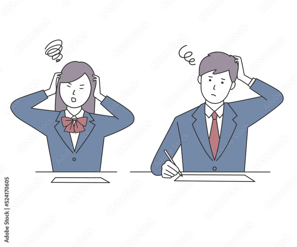 悩む女子学生と男子学生のイラスト 悩む女子学生と男子学生のイラスト