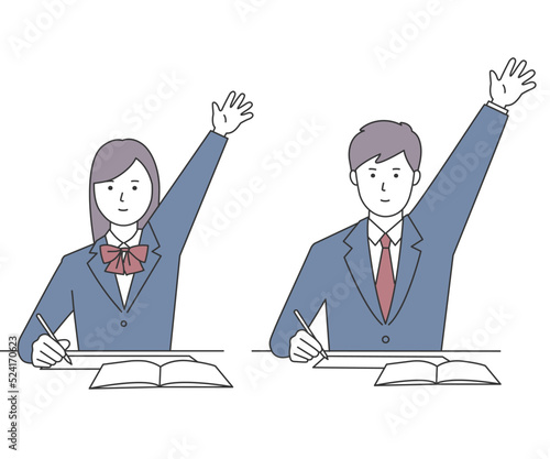 手をあげる女子学生と男子学生のイラスト