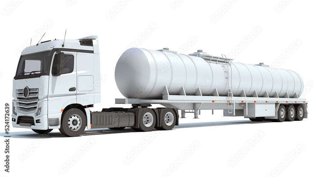 Heavy truck with tank trailer 3D rendering on white background