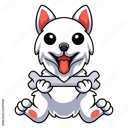 Cute samoyed dog cartoon holding a bone