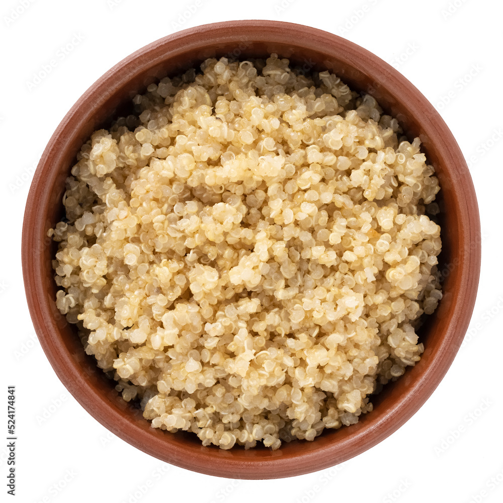 Boiled quinoa in bowl isolated on white background, top view, healthy food Boiled quinoa in bowl isolated on white background, top view, healthy food