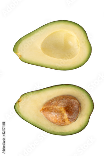 Avocado cut in half isolated on white background