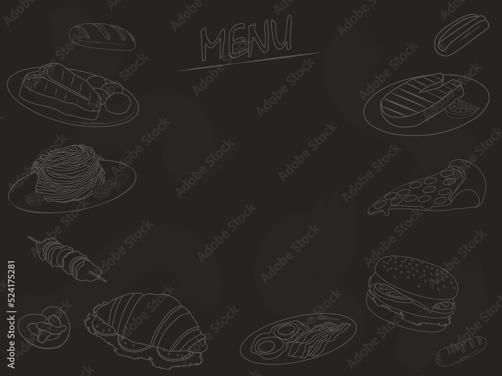 Food menu with different dishes contours and copy space drawn on blackboard vector illustration