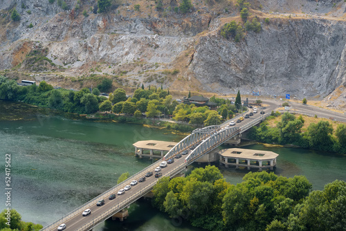 Vew of big bridge over the Buna River flowing into the Skadar lake near the city of Shkodra, Albania, seen from the Rosafa Fortress. Travel and tourism