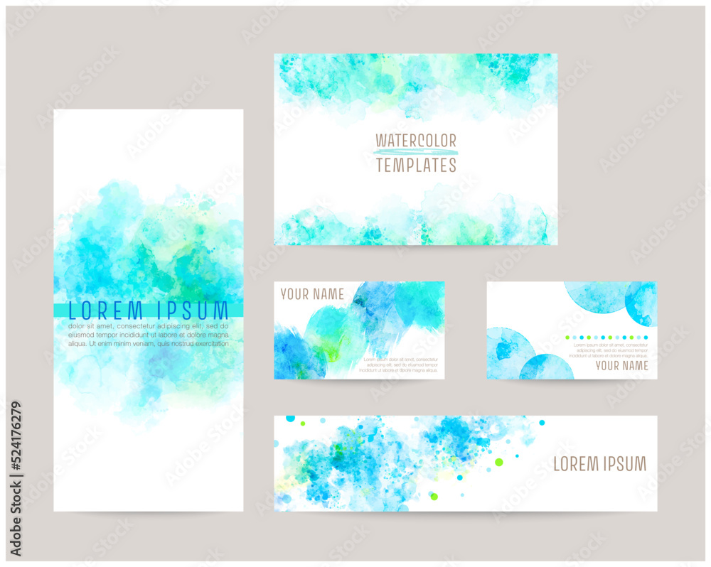 watercolor abstract background. leaflet cover, card, business cards, banner design templates set (blue)