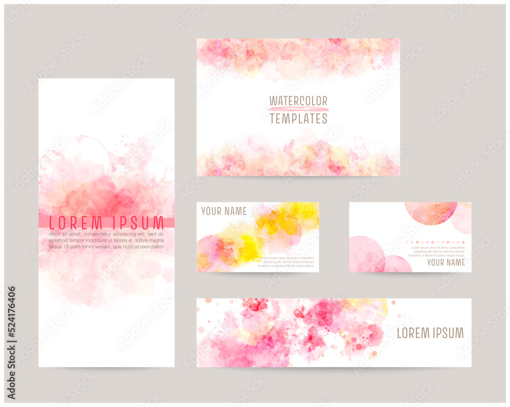 watercolor abstract background. leaflet cover, card, business cards, banner design templates set (pink)