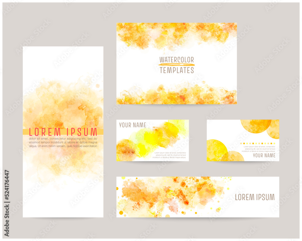 watercolor abstract background. leaflet cover, card, business cards, banner design templates set (orange)