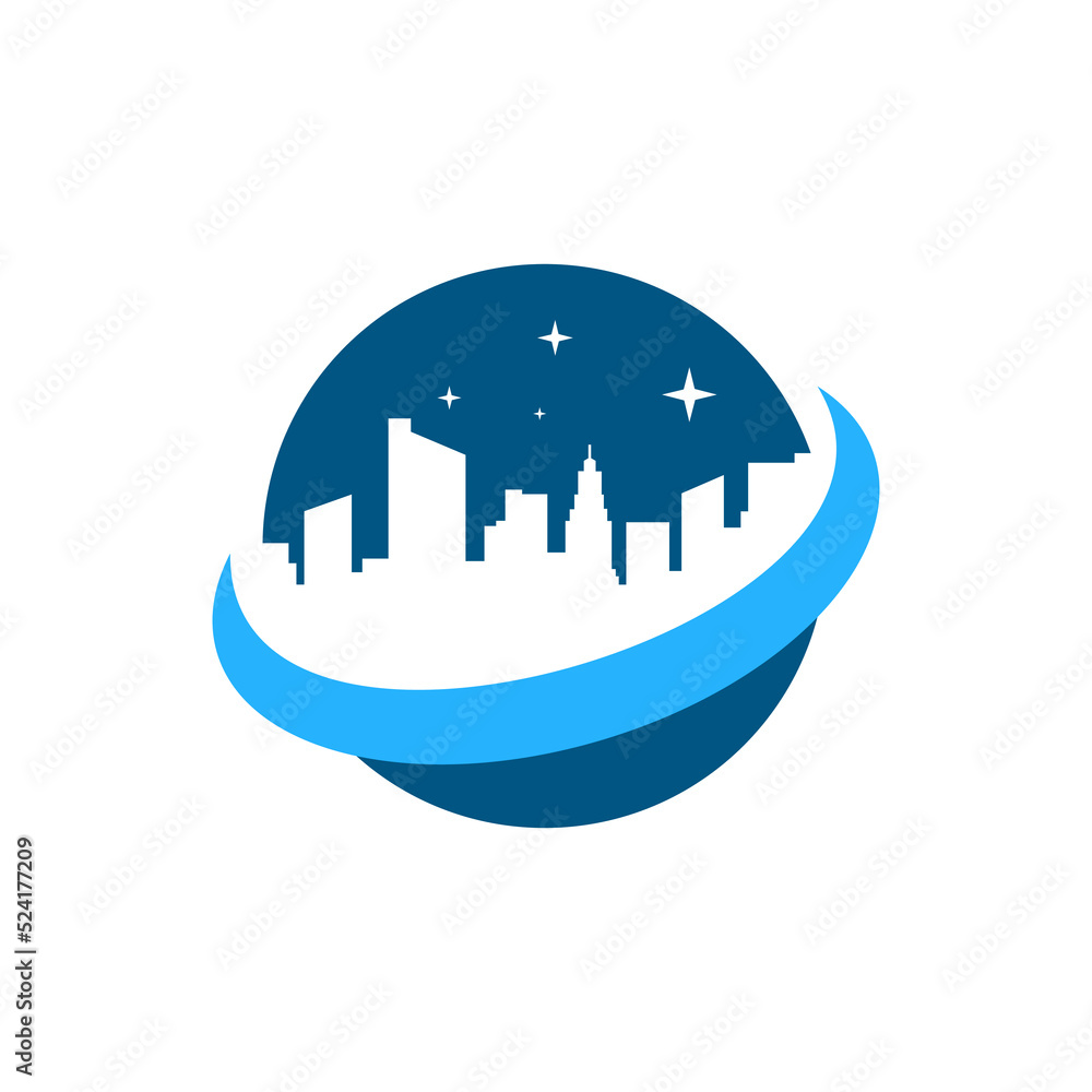 orbit blue city skyline logo concept vector stock illustration