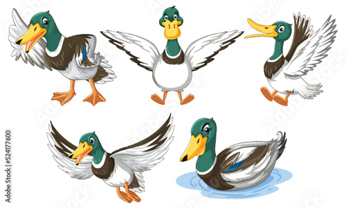 Set of duckling doing different activities
